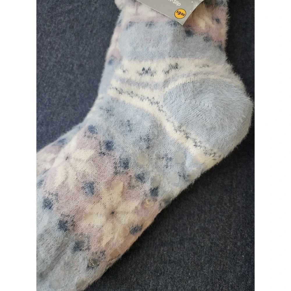 Women's Sherpa Lined Slipper‎ Socks Blue Snowflake Soft Warm Non-Slip